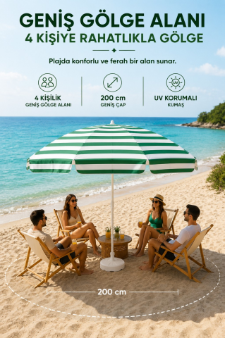 Plaj Bahçe Şemsiyesi Yeşil Beyaz Çizgili 200 çap/8 telli, BİDONSUZ