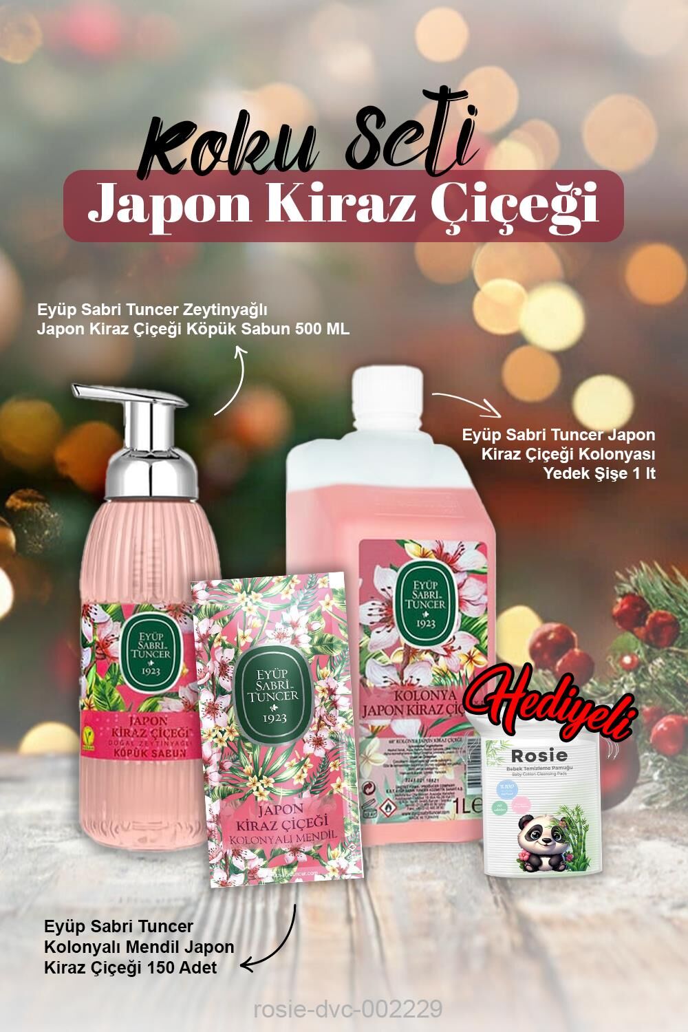 Köpük Sabun 500 ml, 1500ml Sıvı Sabun, kolonyalı mendil 150'li Japon Kiraz Çiçeği ve Rosie Pamuk