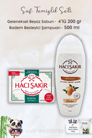 Hacı Şakir Doğal Saf Geleneksel Beyaz Sabun 4 x 200 gr,  Bademli Şampuan 500 ml ve ROSIE