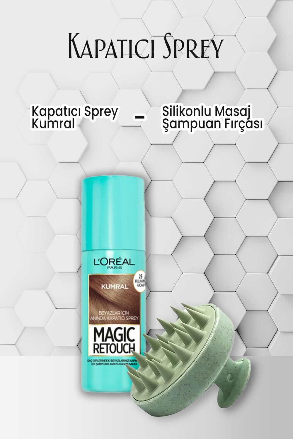 Loreal Paris Kapatıcı Sprey Kumral 75 ml ve Masaj Şampuan Fırçası Yeşil
