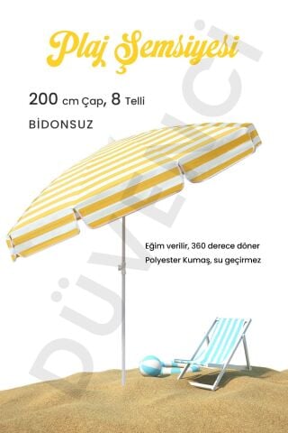 Plaj Şemsiyesi 200 CM Çap Sarı Beyaz Renkli 8 Telli Eğim Verilebilir