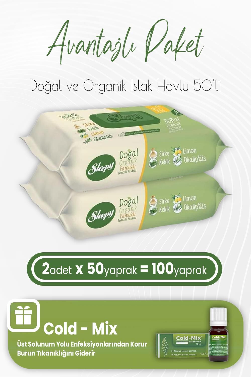 Sleepy Doğal ve Organik Islak Mendil 50 x 2 (100 Yaprak) ve İnhaler Damla (Yeşil)