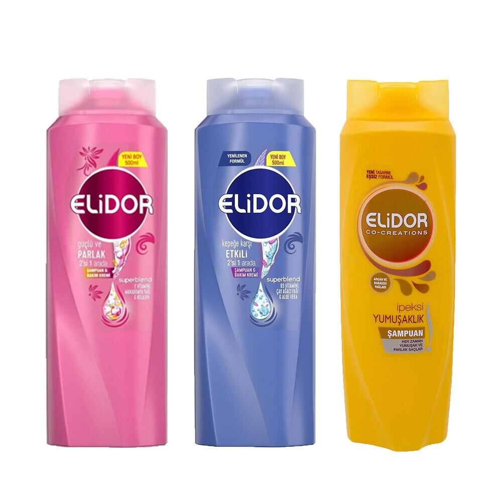 Elidor Superblend Şampuan İpeksi Yumuşaklık,  2'si 1 Arada Şampuan ve Saç Bakım Kremi Güçlü Parlak ve Kepeğe Karşı