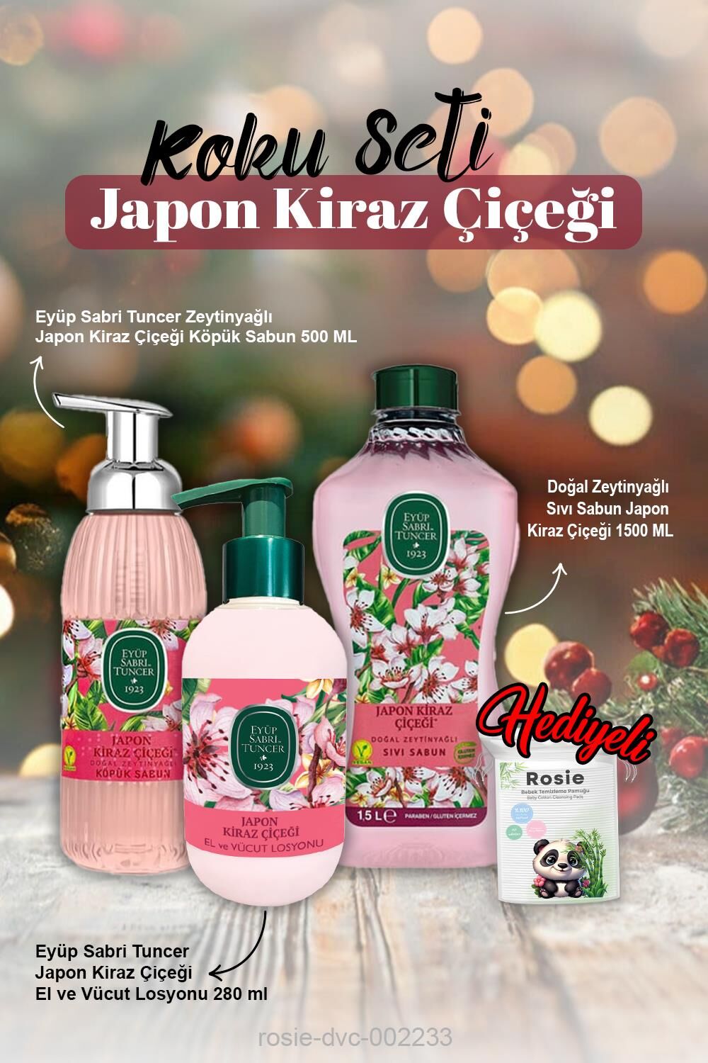 Japon Kiraz Çiçeği Sıvı Sabun 1500ml, Köpük Sabun 500ml, Losyon 280ml ve Rosie Pamuk