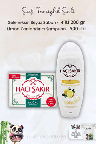 Hacı Şakir Doğal Saf Geleneksel Beyaz Sabun 4 x 200 gr,   Limonlu Şampuan 500 mşl ve ROSIE