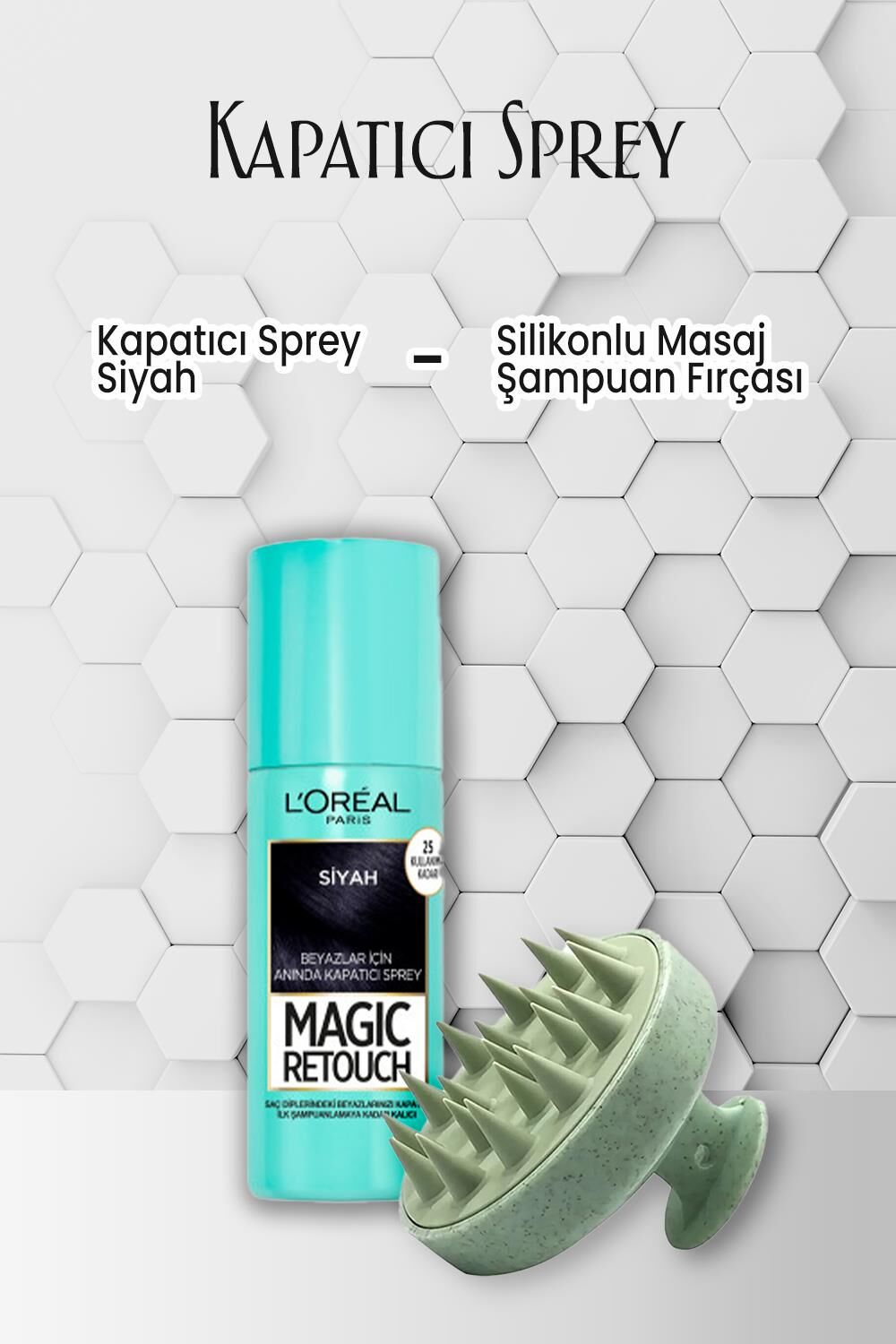 Loreal Paris Kapatıcı Sprey Siyah 75 ml ve Masaj Şampuan Fırçası Yeşil