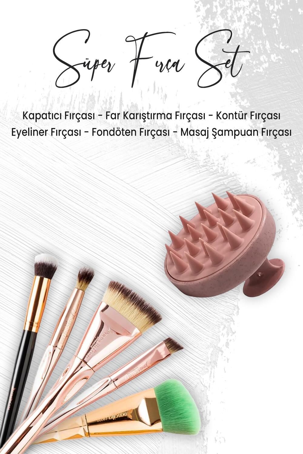 Düvenci Toptan Masaj Şampuan Fırçası Pembe ve 5'li Makyaj Fırça Seti