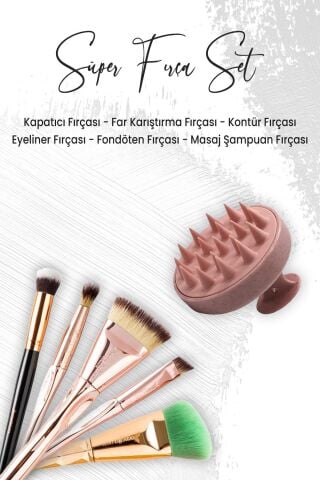 Düvenci Toptan Masaj Şampuan Fırçası Pembe ve 5'li Makyaj Fırça Seti