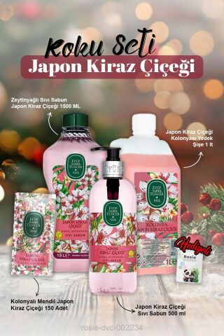 Sıvı Sabun 500ml ve 1500ml, Kolonya 1lt, Kolonyalı Mendil 150'li Japon Kiraz Çiçeği ve Rosie