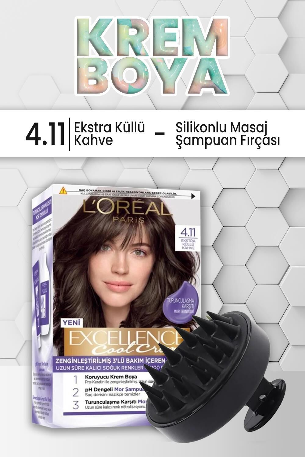 Loreal Paris Excellence Saç Boyası 4.11 Ekstra Küllü Kahve ve Şampuan Fırçası Siyah