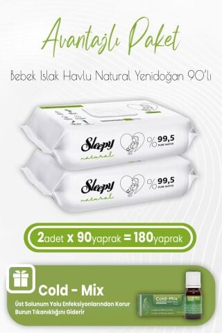 Sleepy Natural Yenidoğan Islak Mendili 90 x 2 (180 Yaprak) ve İnhaler Damla (Yeşil)