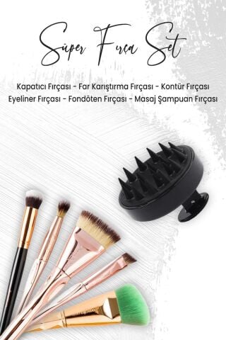 Düvenci Toptan Masaj Şampuan Fırçası Siyah ve 5'li Makyaj Fırça Seti