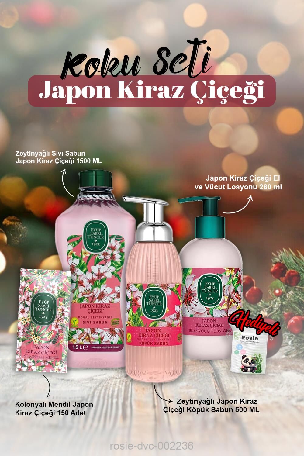 Kolonyalı Mendil 150'li, Sıvı Sabun 1500ml,Köpük Sabun 500ml, Losyon 280ml, Japon Kiraz Çiçeği ve Rosie
