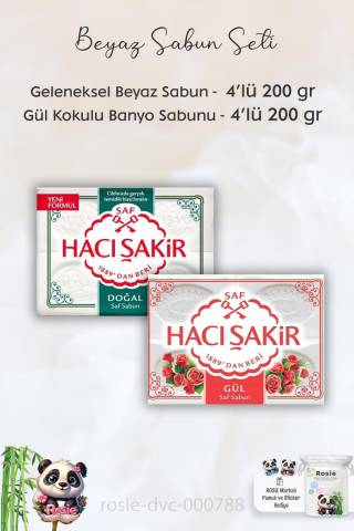 Hacı Şakir Doğal Saf Geleneksel Beyaz Sabun 4 x 200 gr,  Gül Kokulu Banyo Sabunu 4 x 150 gr ve ROSIE