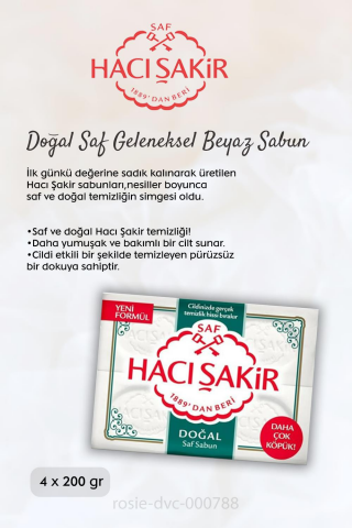 Hacı Şakir Doğal Saf Geleneksel Beyaz Sabun 4 x 200 gr,  Gül Kokulu Banyo Sabunu 4 x 150 gr ve ROSIE