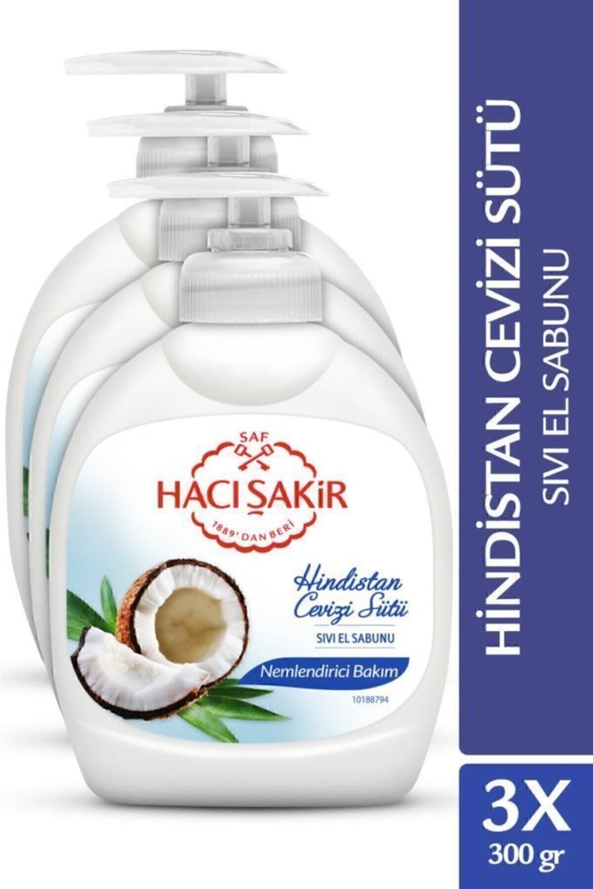 Hacı Şakir Hindistan Cevizi Sütü Nemlendirici Bakım Sıvı El Sabunu 300 ml x 3 Adet