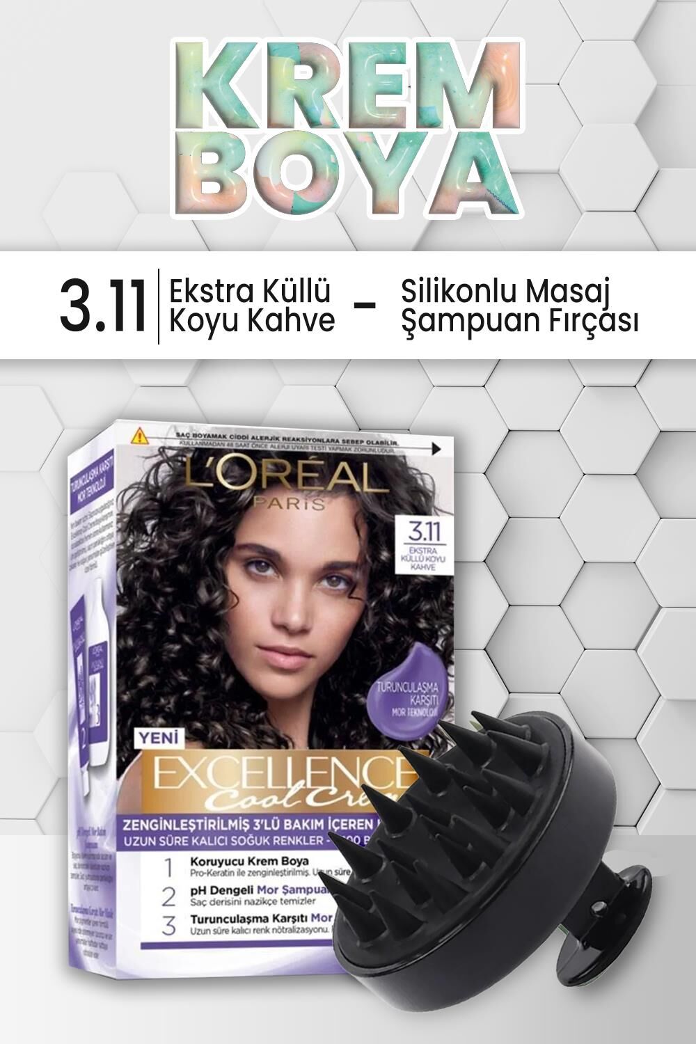 Loreal Paris Excellence Saç Boyası 3.11 Ekstra Küllü Koyu Kahve ve Şampuan Fırçası Siyah