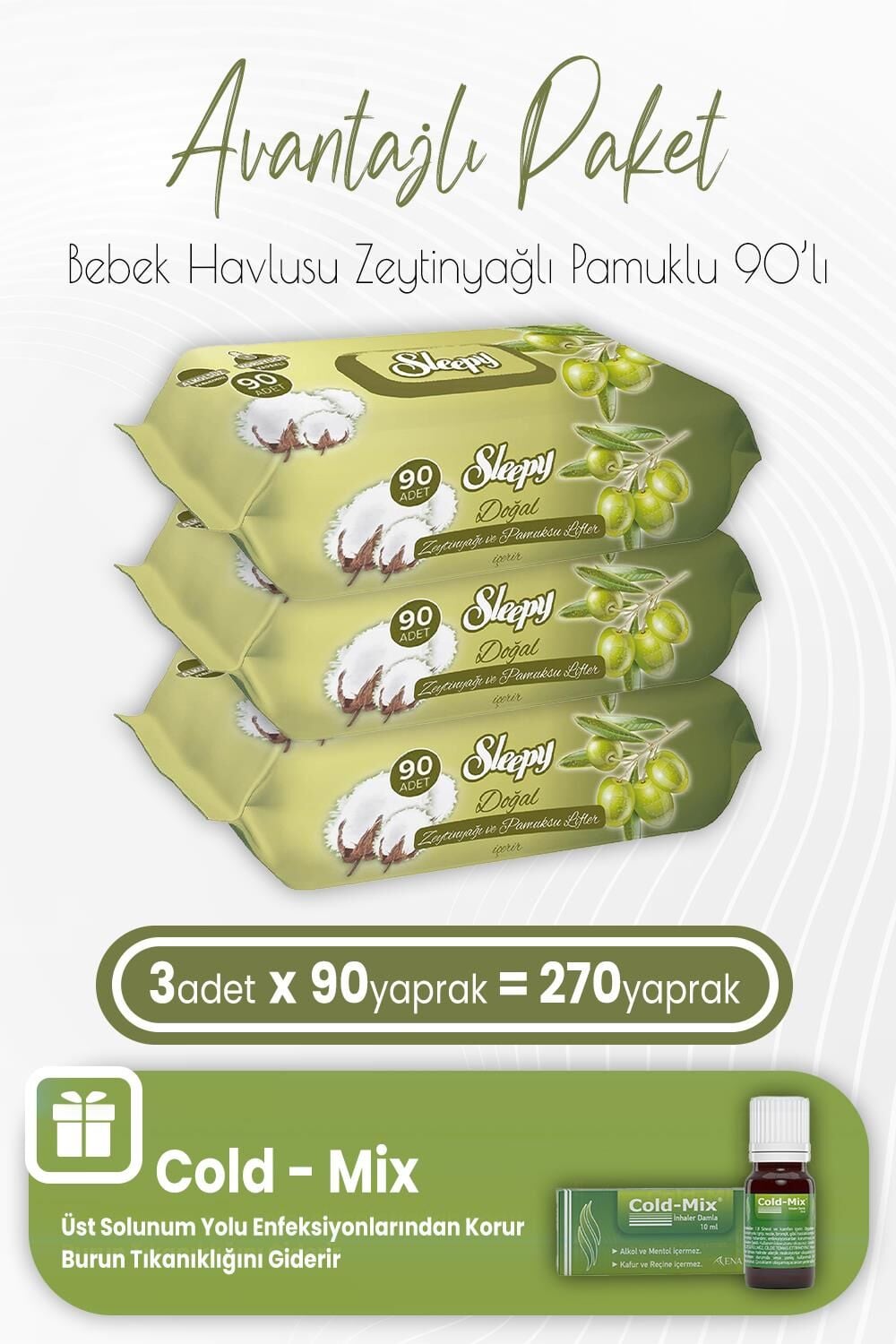 Sleepy Zeytinyağlı Pamuklu Bebek Havlusu 90 x 3 (270 Yaprak) ve İnhaler Damla (Yeşil)