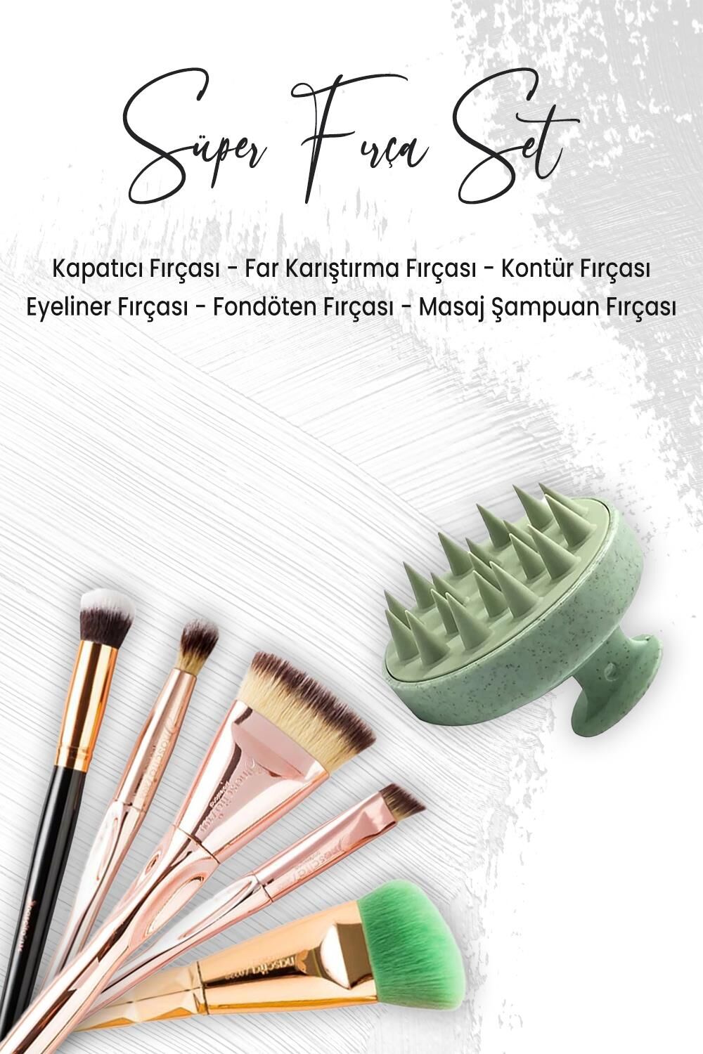 Düvenci Toptan Masaj Şampuan Fırçası Yeşil ve 5'li Makyaj Fırça Seti