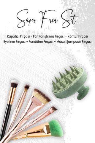 Düvenci Toptan Masaj Şampuan Fırçası Yeşil ve 5'li Makyaj Fırça Seti