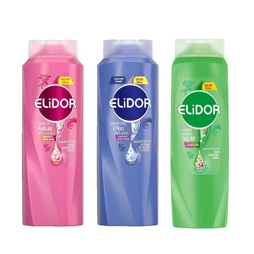 Elidor Superblend Şampuan Sağlıklı Uzayan Saçlar, 2'si 1 Arada Şampuan ve Saç Bakım Kremi Güçlü Parlak ve Kepeğe Karşı
