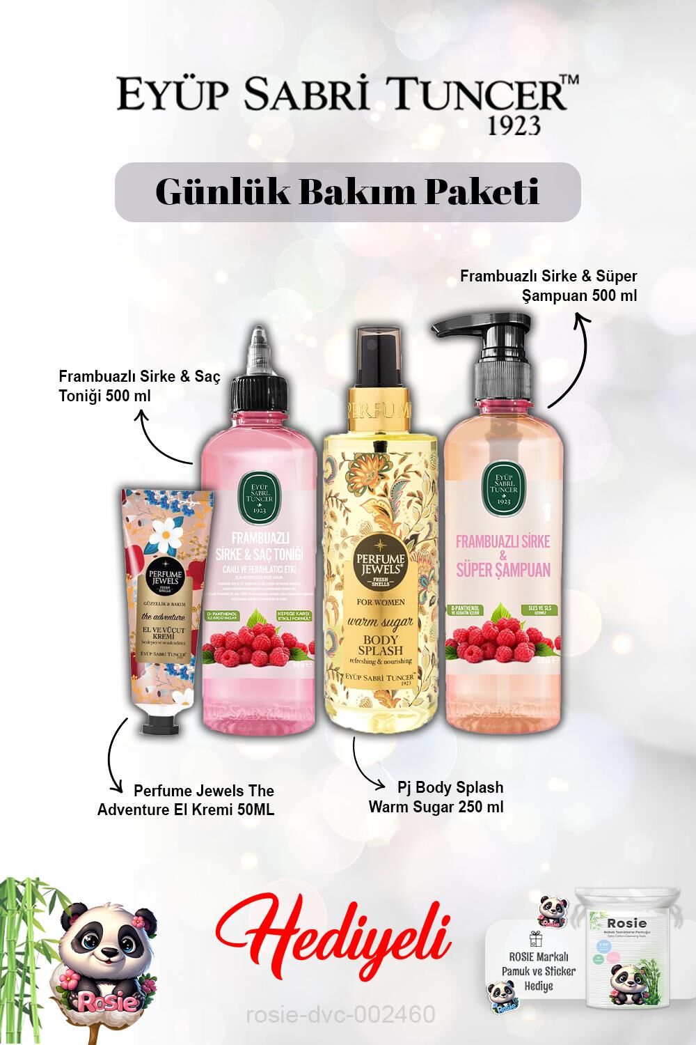 Vücut Spreyi Warm Sugar, The Adventure Krem, Frambuaz Şampuan veTonik ve Rosie