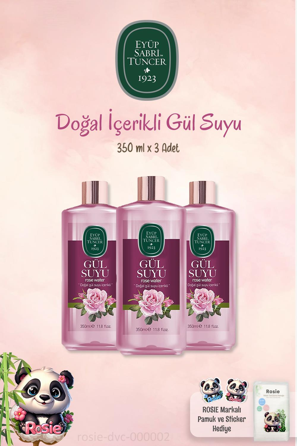 3 Adet Eyüp Sabri Tuncer Gül Suyu 350 ML ve %100 Doğal ROSIE Pamuk 60'lı