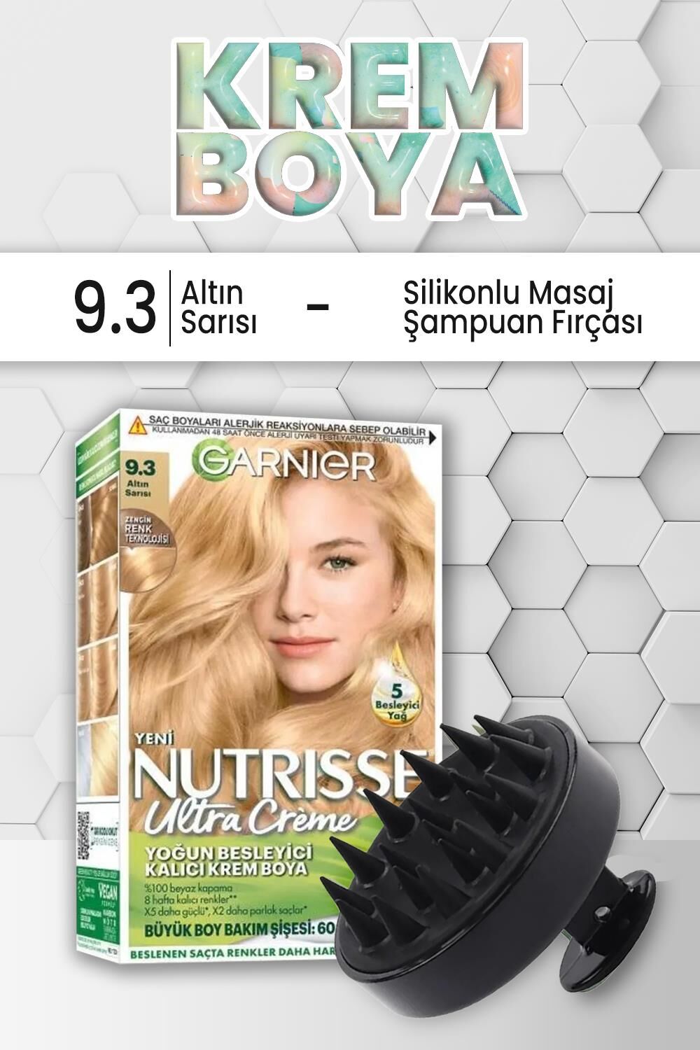 Garnier Nutrisse Krem Saç Boyası 9.3 Altın Sarısı ve Şampuan Fırçası Siyah