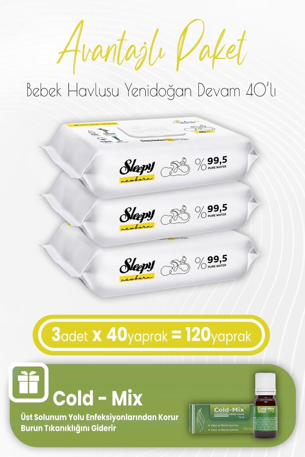 Sleepy Yenidoğan Devam Islak Bebek Havlusu 40 x 3 (120 Yaprak) ve İnhaler Damla (Yeşil)