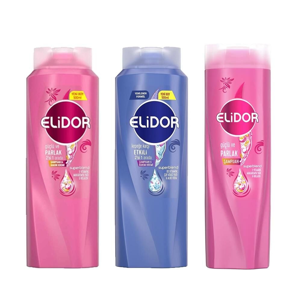 Elidor Superblend Şampuan Güçlü Parlak, 2'si 1 Arada Şampuan ve Saç Bakım Kremi Güçlü Parlak ve Kepeğe Karşı