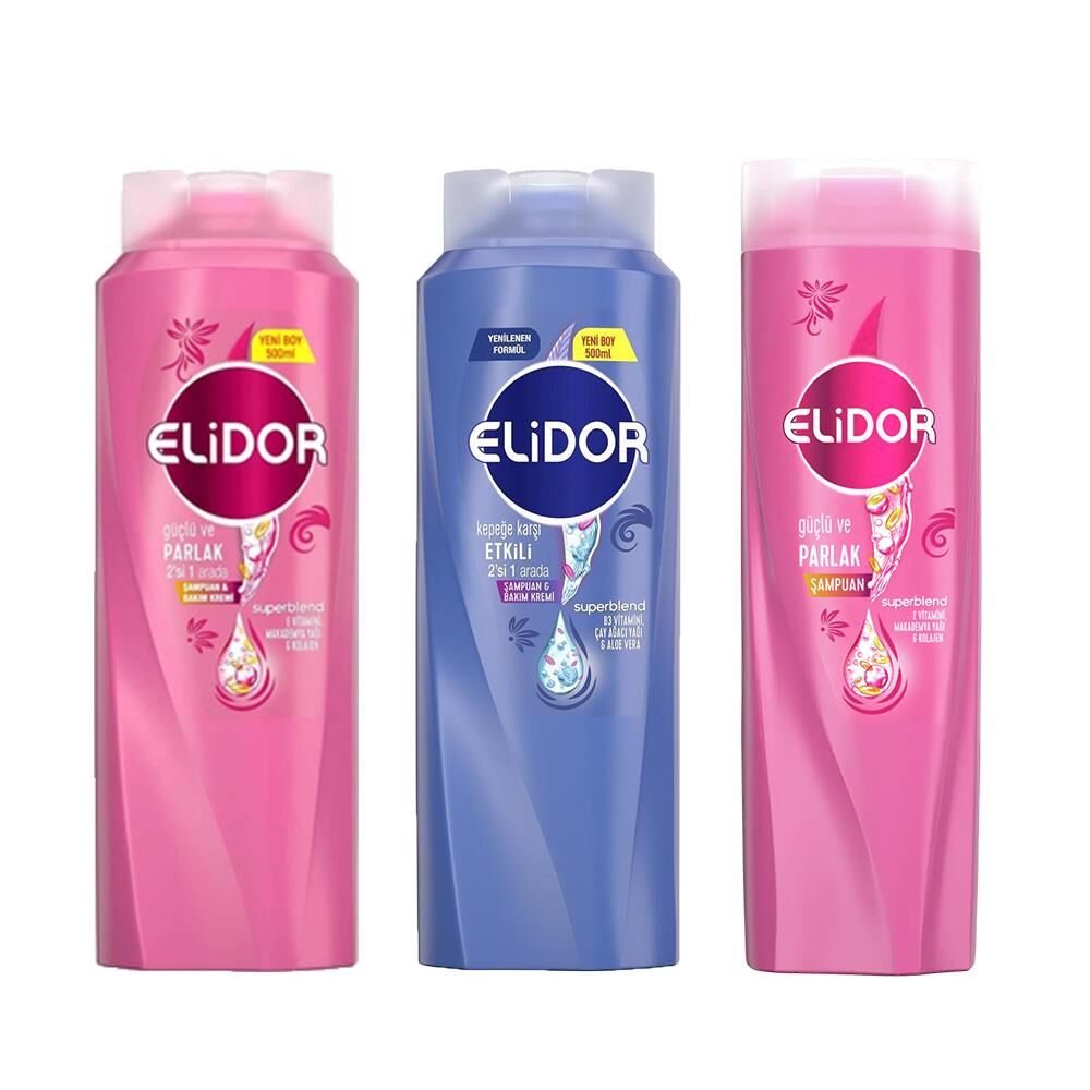 Elidor Superblend Şampuan Güçlü Parlak, 2'si 1 Arada Şampuan ve Saç Bakım Kremi Güçlü Parlak ve Kepeğe Karşı
