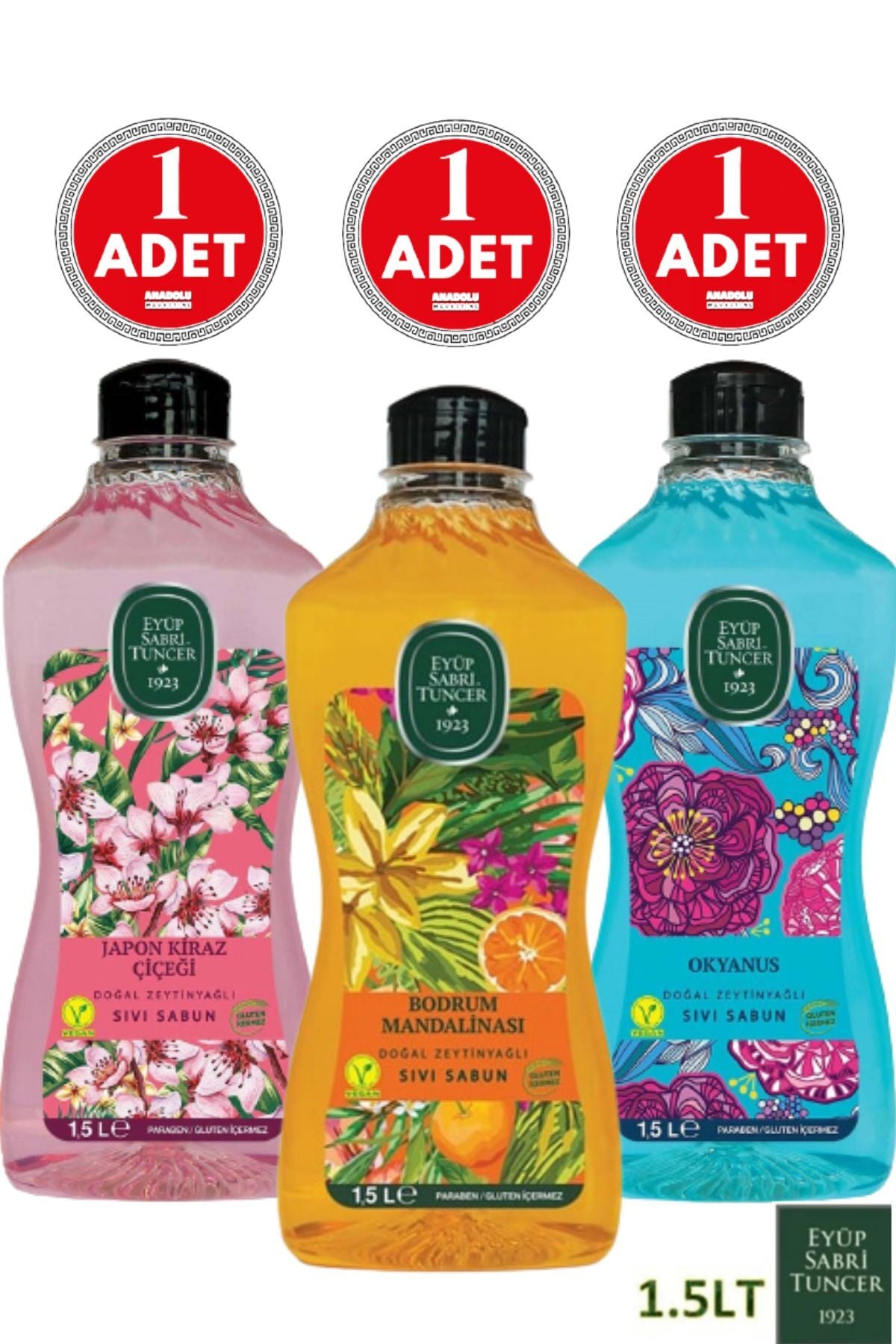 Eyüp Sabri Tuncer Doğal Zeytinyağlı Sıvı Sabun Bodrum Mandalinası+Japon Kiraz+Okyanus 1.5 lt