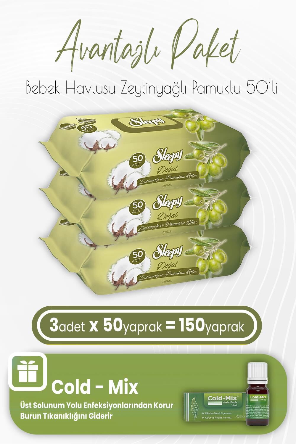 Sleepy Zeytinyağlı Pamuklu Bebek Havlusu 50 x 3 (150 Yaprak) ve İnhaler Damla (Yeşil)