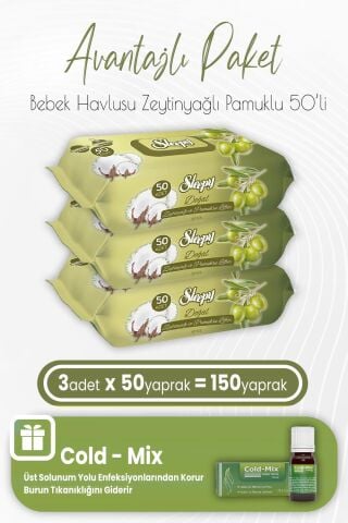 Sleepy Zeytinyağlı Pamuklu Bebek Havlusu 50 x 3 (150 Yaprak) ve İnhaler Damla (Yeşil)