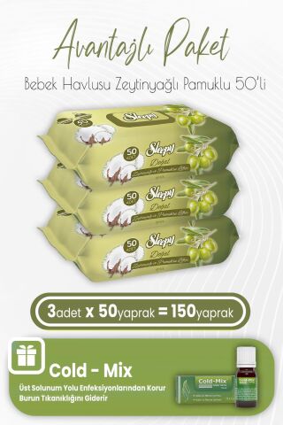 Sleepy Zeytinyağlı Pamuklu Bebek Havlusu 50 x 3 (150 Yaprak) ve İnhaler Damla (Yeşil)