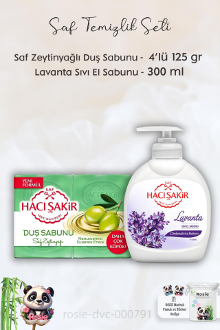 Hacı Şakir Doğal Saf Geleneksel Beyaz Sabun 4 x 200 gr,  Lavanta Dinlendirici Sıvı Sabun 300 ml ve ROSIE