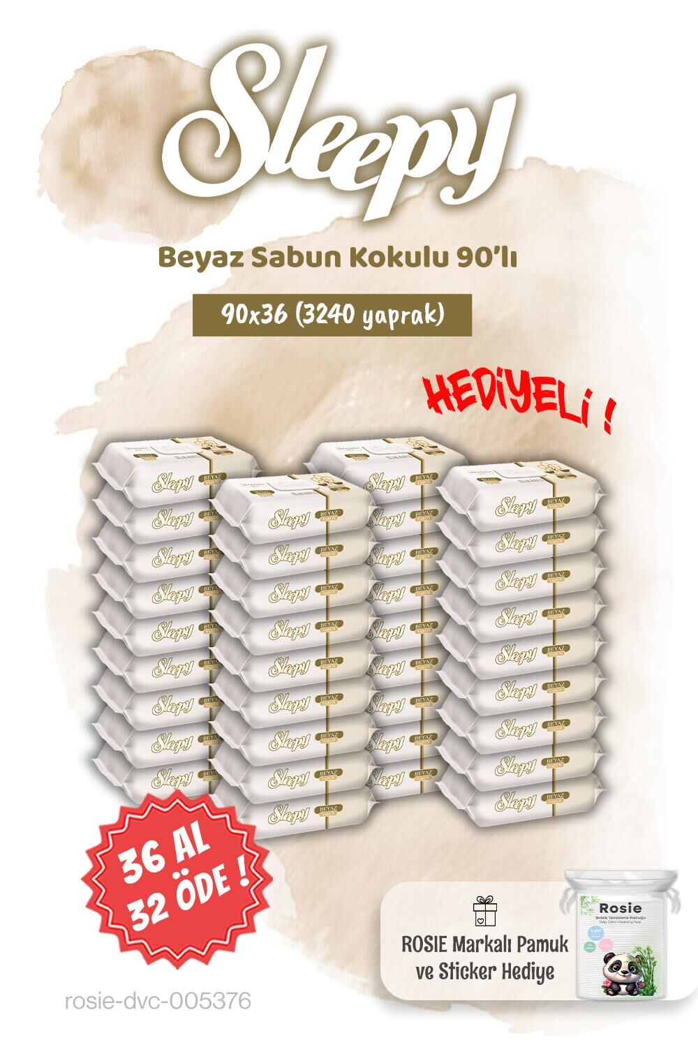 36 AL 32 ÖDE Sleepy 90'lı Beyaz Sabun Kokulu Islak Havlu ve Rosie