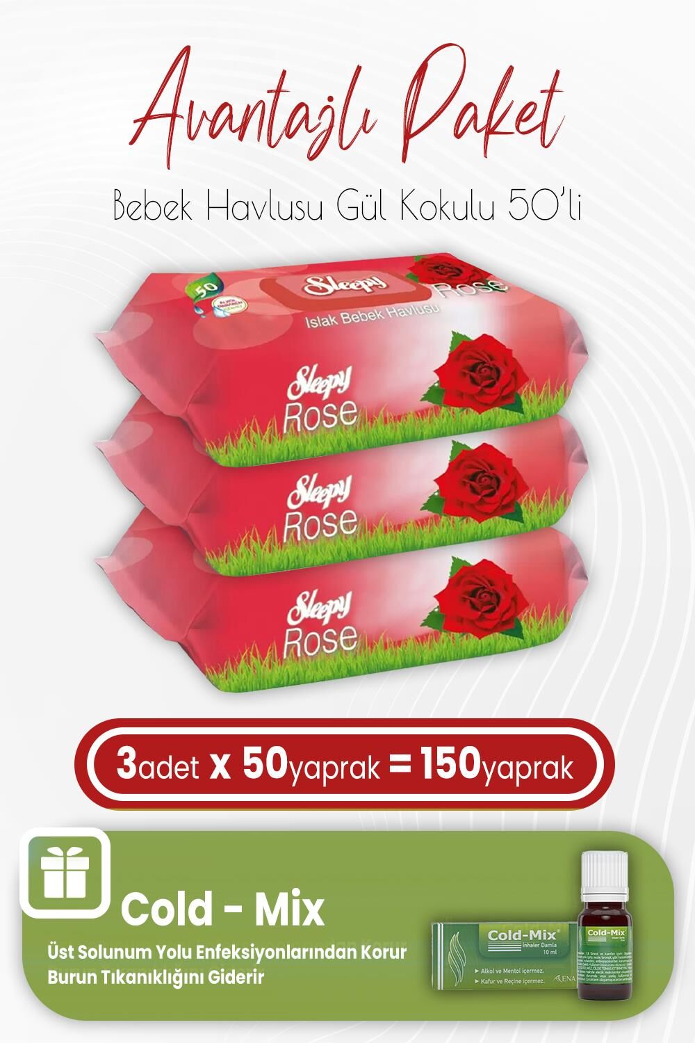 Sleepy Gül Kokulu Islak Bebek Havlusu 50 x 3 (150 Yaprak) ve İnhaler Damla (Yeşil)