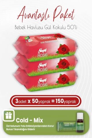 Sleepy Gül Kokulu Islak Bebek Havlusu 50 x 3 (150 Yaprak) ve İnhaler Damla (Yeşil)