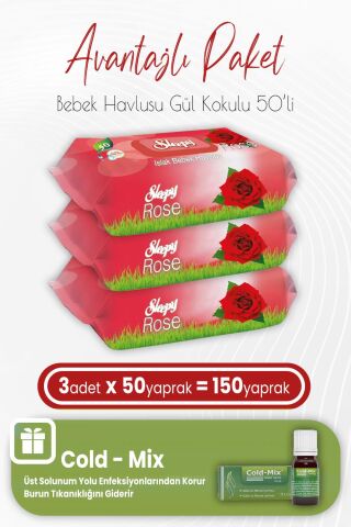 Sleepy Gül Kokulu Islak Bebek Havlusu 50 x 3 (150 Yaprak) ve İnhaler Damla (Yeşil)