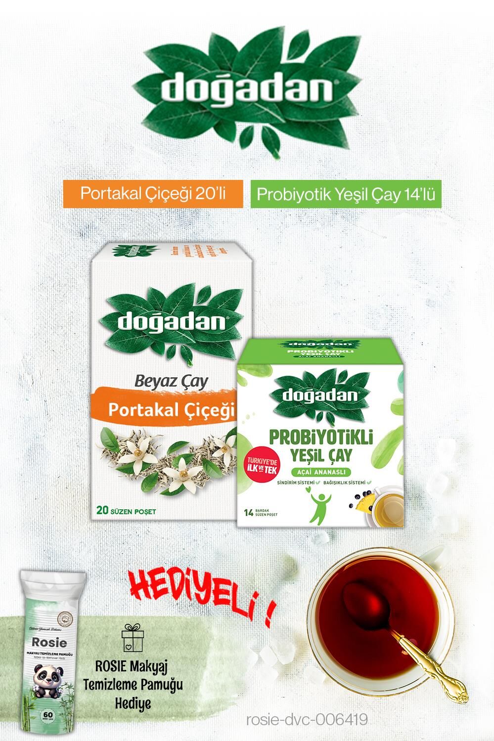 Doğadan Beyaz Çay Portakal Çiçeği ve Probiyotikli Açai Ananas Poşet Çay ve Rosie Hediyeli