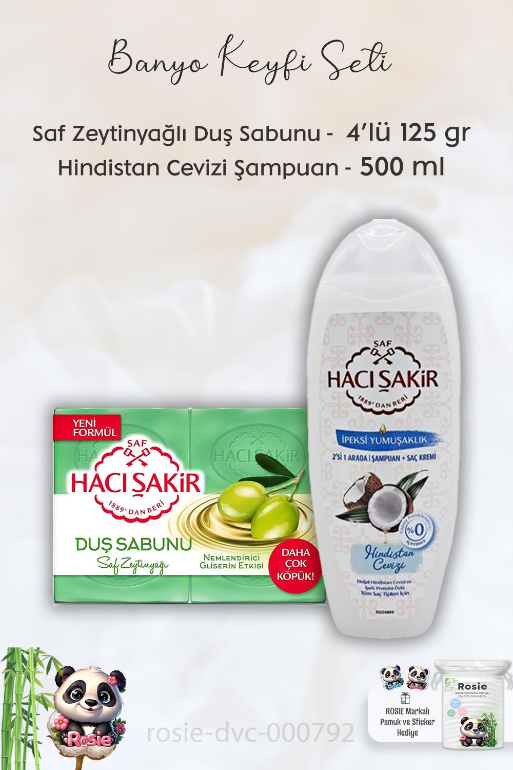 Hacı Şakir Doğal Saf Geleneksel Beyaz Sabun 4 x 200 gr, Hindistan Cevizli Şampuan 500 ml  ve ROSIE