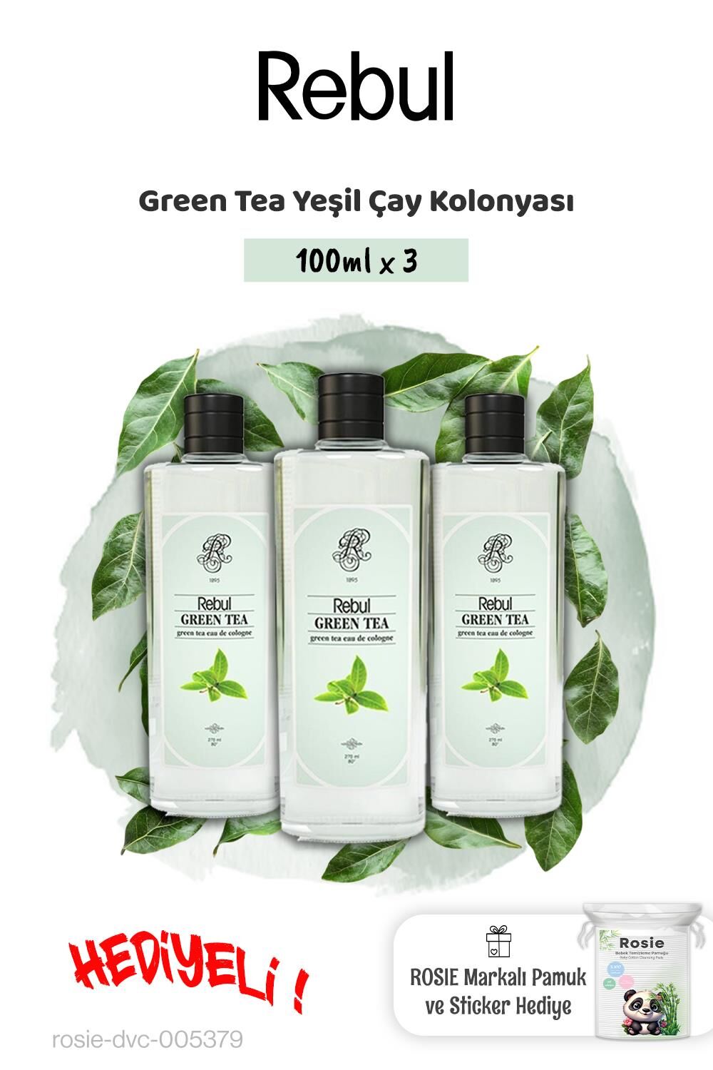 Rebul 3'lü Green Tea Kolonyası 100 Cc (Cam Şişe) Spreyli ve Rosie hediye