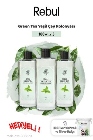 Rebul 3'lü Green Tea Kolonyası 100 Cc (Cam Şişe) Spreyli ve Rosie hediye