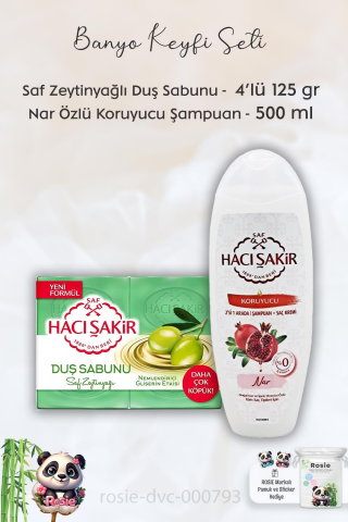 Hacı Şakir Doğal Saf Geleneksel Beyaz Sabun 4 x 200 gr,  Narlı Şampuan 500 ml ve ROSIE