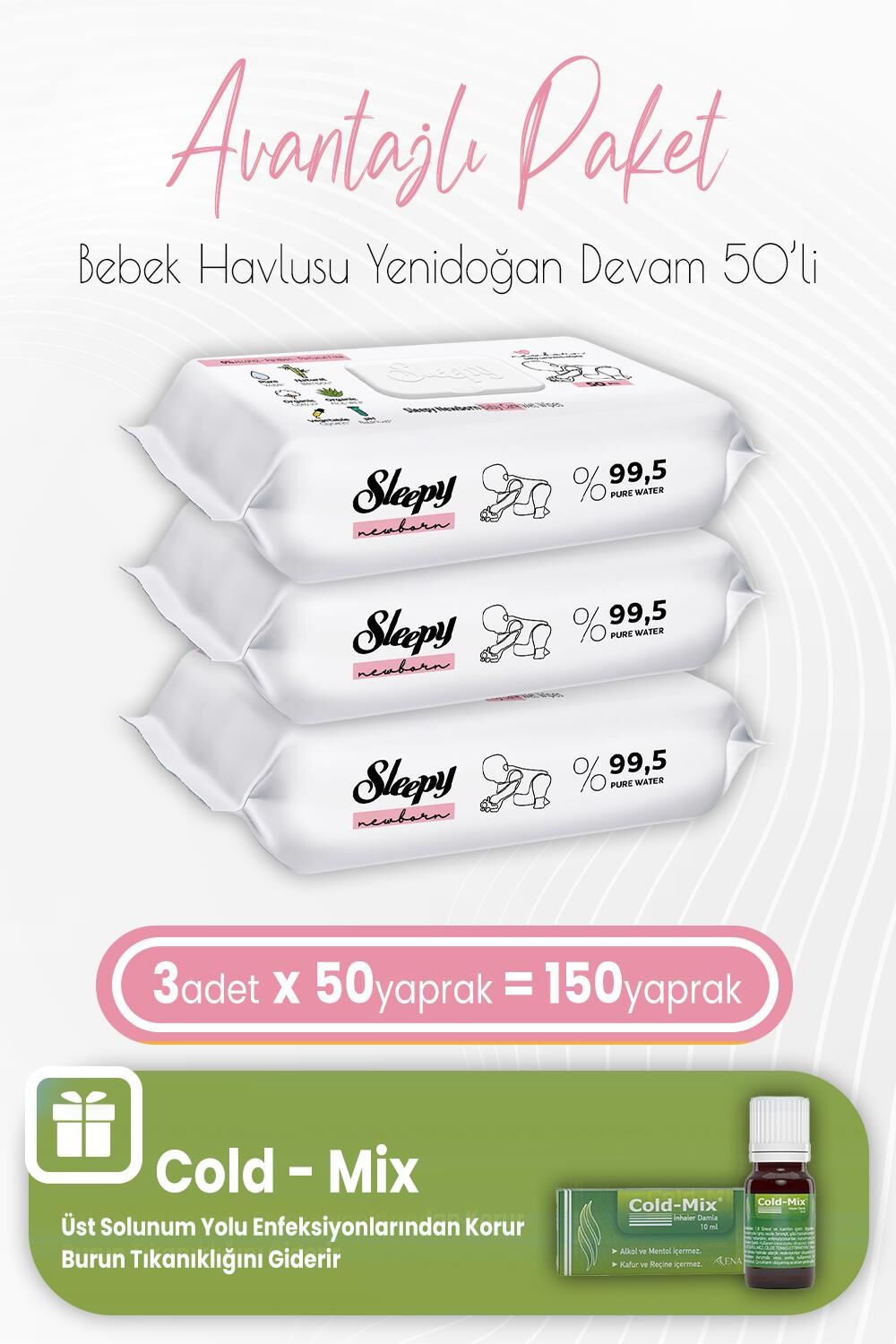 Sleepy Yenidoğan Devam Bebek Bakım Havlusu 50 x 3 (150 Yaprak) ve İnhaler Damla (Yeşil)