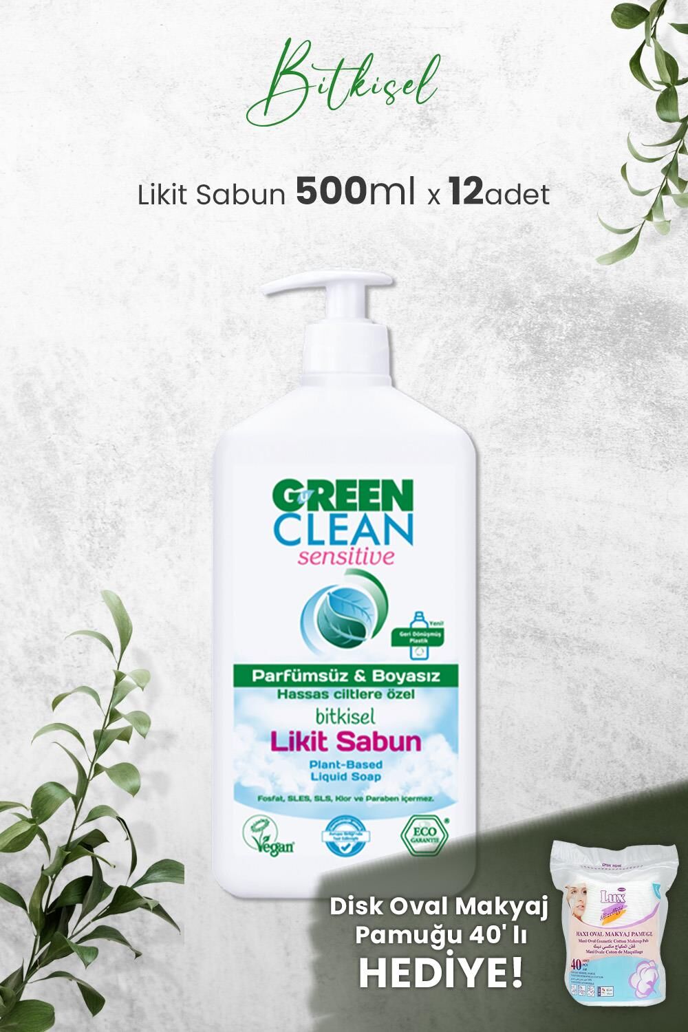 U Green Clean Organik Kokusuz Likit Sensitive Sabun 500 ML x 12 Adet ve Hediyeli