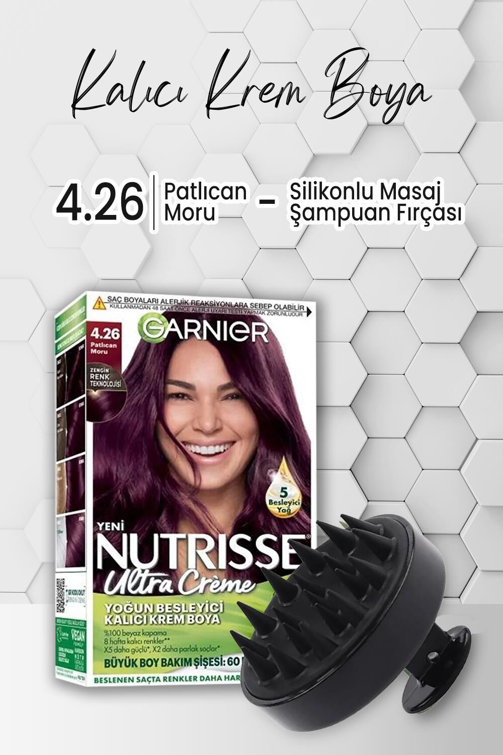 Garnier Nutrisse Krem Saç Boyası 4.26 Patlıcan Moru ve Şampuan Fırçası Siyah