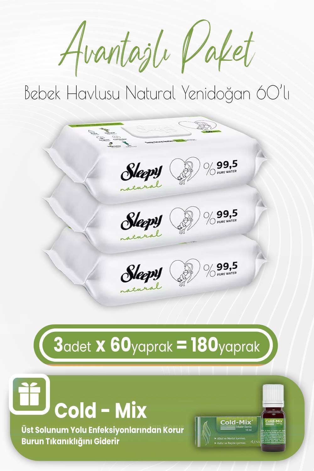 Sleepy Natural Yenidoğan Bebek Havlusu 60 x 3 (180 Yaprak) ve İnhaler Damla (Yeşil)