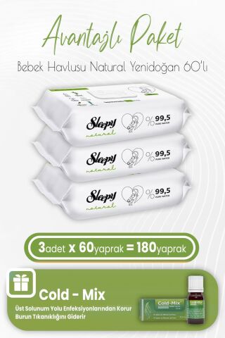 Sleepy Natural Yenidoğan Bebek Havlusu 60 x 3 (180 Yaprak) ve İnhaler Damla (Yeşil)